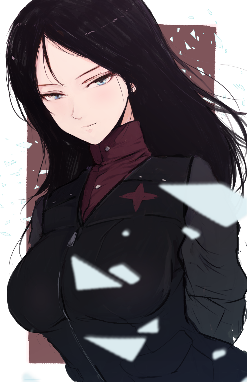1girl bangs black_hair blue_eyes breasts girls_und_panzer highres large_breasts long_hair long_sleeves looking_at_viewer m2b military military_uniform nonna parted_bangs solo swept_bangs turtleneck uniform upper_body vest