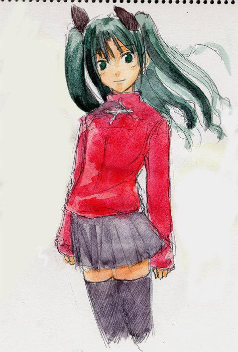 1girl black_legwear blush crimsongarden cross fate/stay_night fate_(series) flat_chest green_eyes green_hair hair_ribbon long_hair pleated_skirt ribbon scan simple_background skirt smile solo standing sweater thigh-highs thigh_gap thighs tohsaka_rin traditional_media turtleneck twintails two_side_up watercolor_(medium) zettai_ryouiki