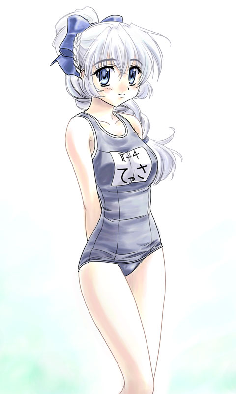 1girl arms_behind_back bow full_metal_panic! grey_eyes hair_bow long_hair masakichi_(crossroad) name_tag one-piece_swimsuit school_swimsuit silver_hair smile solo swimsuit teletha_testarossa