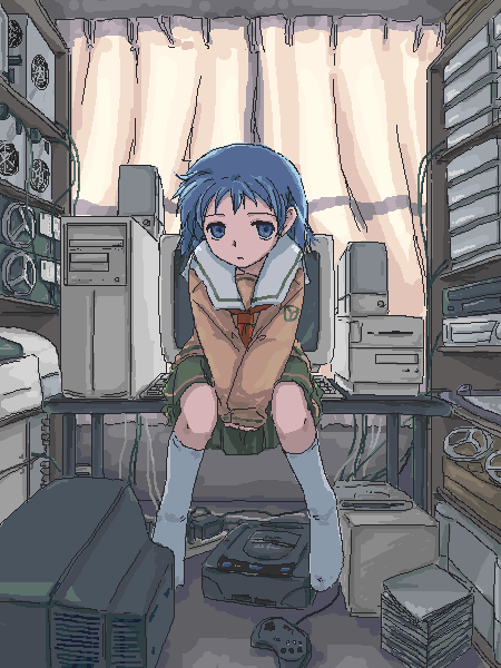 1girl blue_eyes blue_hair computer expressionless feet footwear geekgirl looking_at_viewer oekaki otaku_room parted_lips school_uniform serafuku shizuku_(game) short_hair skirt socks solo tsukishima_ruriko