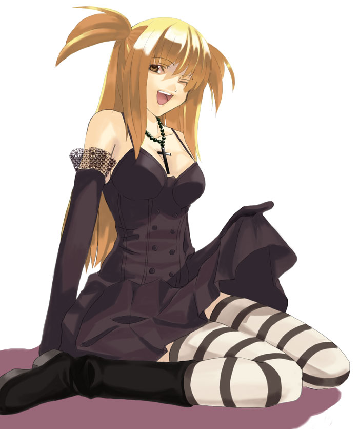 1girl ;d amane_misa black_boots black_dress black_gloves black_shoes blonde_hair boots buttons cross cross_necklace death_note dress female gloves gothic kabocha kneeling lace-trimmed_gloves lolita_fashion long_hair one_eye_closed open_mouth patterned_legwear shoes sitting skirt skirt_lift smile solo striped striped_legwear thigh-highs two-tone_stripes wariza wink