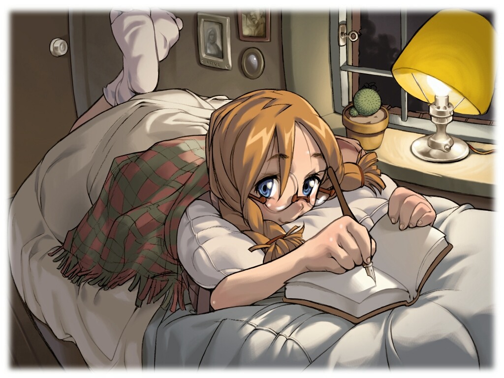 1girl bed bed_sheet bedroom blanket blue_eyes book braid brown_hair cactus fountain_pen glasses lamp legs_up looking_at_viewer lying on_stomach open_book original pen picture_(object) pillow plant potted_plant socks solo twin_braids twintails wallpaper window