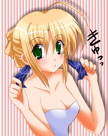 1girl :o ahoge bangs bare_shoulders blonde_hair blush breasts casual_one-piece_swimsuit cleavage fate/stay_night fate_(series) green_eyes hair_between_eyes hair_bun hair_ribbon hairdressing kineya_emuko looking_at_viewer one-piece_swimsuit open_mouth parted_bangs ribbon saber shadow short_hair sidelocks small_breasts solo striped striped_background swimsuit upper_body white_swimsuit