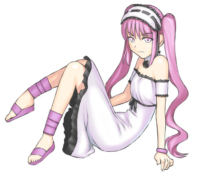 1girl arm_support bare_shoulders bracelet dress euryale fate/hollow_ataraxia fate/stay_night fate_(series) frills full_body gothic hairband jewelry legs long_hair looking_at_viewer pink_eyes pink_hair ribbon sandals simple_background sitting smile solo stheno tanaka_shoutarou twintails very_long_hair white_background
