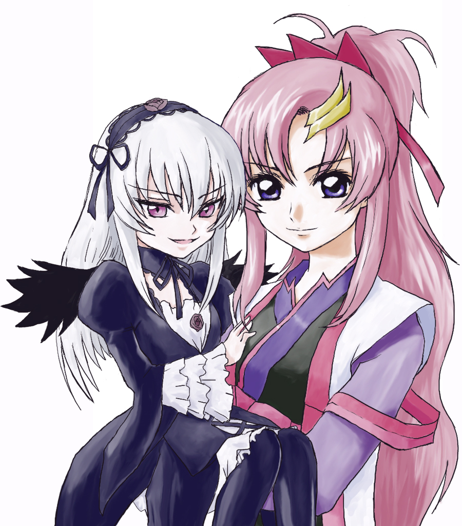 black_wings crossover dress gundam gundam_seed lacus_clyne long_hair parody pink_hair rozen_maiden seed seiyuu_connection silver_hair suigintou tanaka_rie violet_eyes wings