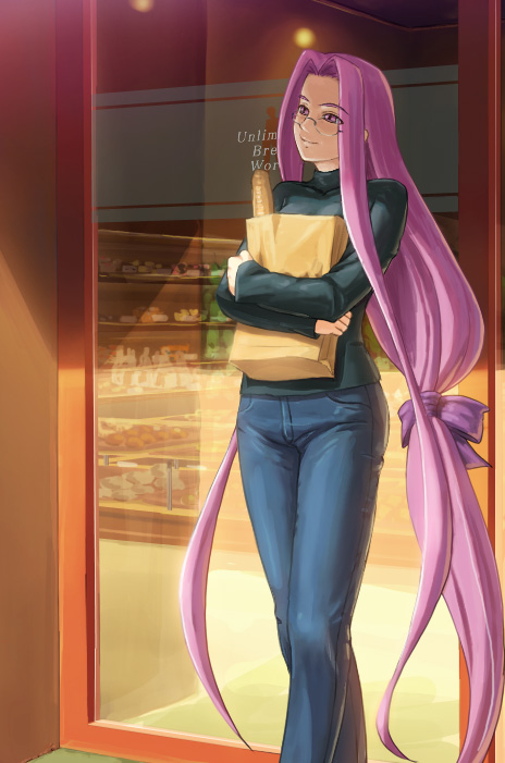 1girl bread casual denim fate/hollow_ataraxia fate/stay_night fate_(series) food glasses jeans long_hair long_sleeves low-tied_long_hair pants pink_eyes ponytail purple_hair rider smile solo tani tied_hair turtleneck very_long_hair violet_eyes