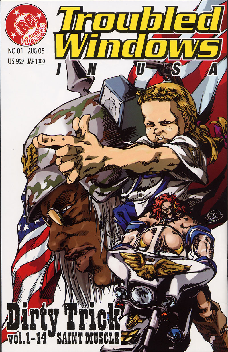 1boy 2girls 2k-tan 3girls america american_flag blue_eyes bow braid brown_hair camouflage collar comic cover cover_page dark_skin dark_skinned_male emblem finger_gun freckles glasses ground_vehicle gun hair_bow handgun highres me-tan motor_vehicle motorcycle multiple_girls muscle os-tan outstretched_arms parody pince-nez redhead revolver silver_hair troubled_windows vehicle very_dark_skin weapon what xp-tan