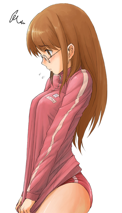 1girl bangs blush breasts brown_eyes brown_hair buruma covering covering_crotch cowboy_shot embarrassed erect_nipples flying_sweatdrops from_side glasses gym_uniform jacket long_hair looking_down name_tag profile raised_eyebrows rimless_glasses shirt_tug simple_background single_vertical_stripe solo track_jacket turtleneck white_background zipper