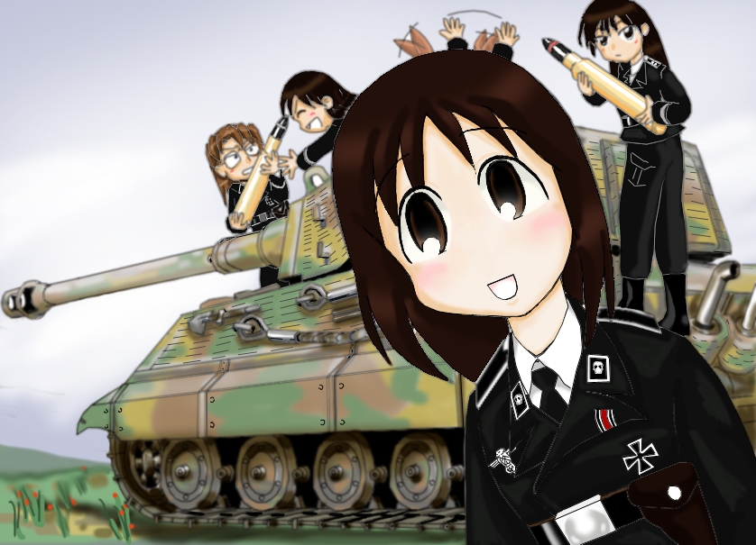 4girls azumanga_daioh black_hair caterpillar_tracks child cross ground_vehicle iron_cross kasuga_ayumu king_tiger long_hair mihama_chiyo military military_uniform military_vehicle mizuhara_koyomi motor_vehicle multiple_girls nazi necktie sakaki skull takino_tomo tank uniform vehicle war world_war_ii