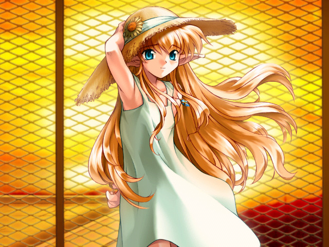 1girl arm_behind_back arm_up armpits bangs chain-link_fence colette_brause dress elf fence flat_chest floating_hair flower game_cg hair_between_eyes hand_on_headwear hat jewelry karen_(artist) long_hair long_pointy_ears looking_at_viewer necklace outdoors pastel_chime pendant pointy_ears sidelocks sky smile solo standing straw_hat sun sundress sunflower sunset very_long_hair wavy_hair wind
