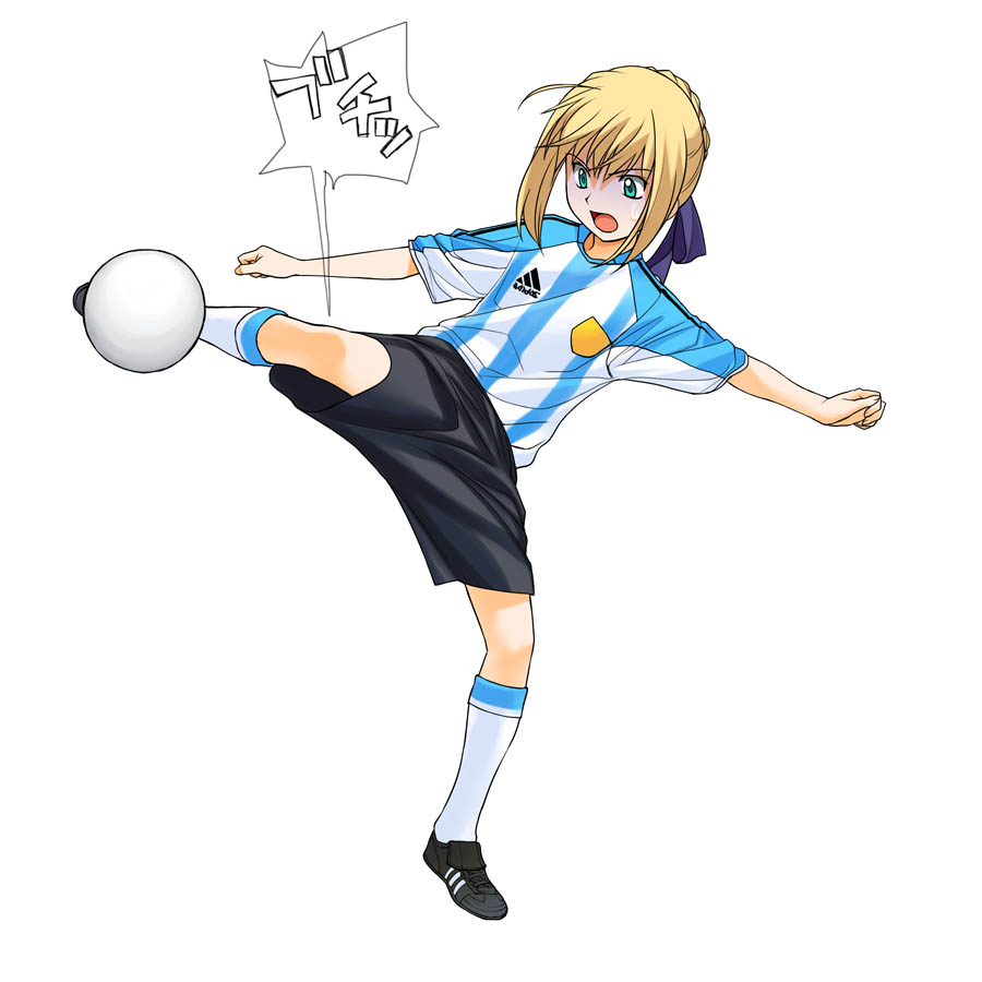 1girl a1 adidas argentina ball blonde_hair clothes_writing fate/stay_night fate_(series) green_eyes kicking saber soccer soccer_ball solo sport type-moon white_soccer_ball