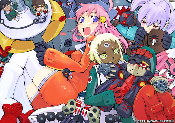 00s 2003 2boys 3girls blush boots breasts casio_takashirou chibi chiko dark_skin gainaxtop gloves jewelry konchiki lal'c_mellk_mal long_hair mecha multiple_boys multiple_girls nichola_vacheron nono_(top_wo_nerae_2!) open_mouth pink_hair purple_hair red_gloves red_shoes romper sailor_collar shoes short_hair small_breasts smile thigh-highs thigh_boots top_wo_nerae_2! twintails tycho_science white_shoes yellow_eyes