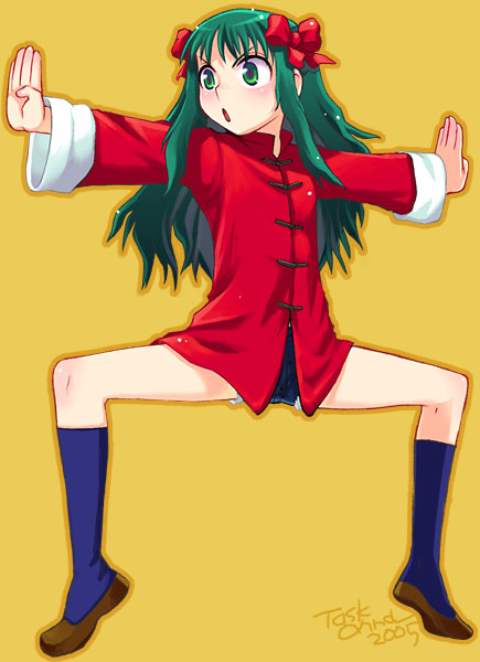 00s 1girl :o arima_miyako blue_legwear bow chinese_clothes fighting_stance footwear green_eyes green_hair hair_bow long_hair melty_blood no_pants outstretched_arms ribbon simple_background slippers socks solo spread_arms tangzhuang task_owner tiptoes tsukihime type-moon yellow_background