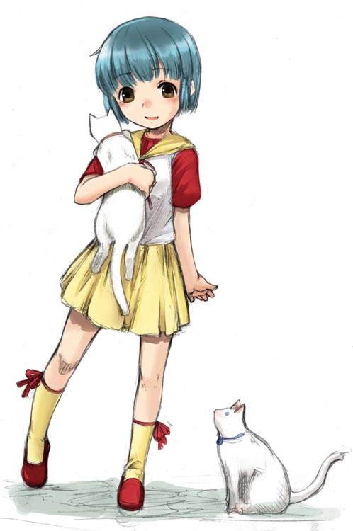 1girl 80s animal blue_hair blush bob_cut brown_eyes cat full_body holding hood kneehighs looking_at_viewer mahou_no_tenshi_creamy_mami morisawa_yuu oldschool shoes short_hair short_sleeves skirt smile sody solo walking