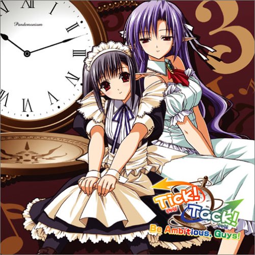 2girls ai_(tick!_tack!) apron copyright_name head_tilt jpeg_artifacts long_hair lowres maid maid_apron multiple_girls musical_note pocket_watch pointy_ears puffy_sleeves red_eyes sage_(tick!_tack!) shuffle! sitting smile tick!_tack! v_arms very_long_hair waist_apron watch