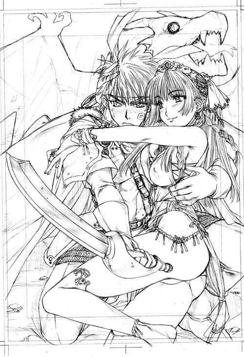 1boy 1girl breasts dragon erect_nipples hanzaki_jirou holding hug medium_breasts monochrome sword weapon