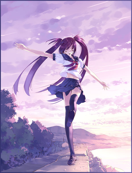 1girl balancing beach black_legwear blouse blue_skirt bush closed_eyes clouds full_body hill loafers long_hair midriff neckerchief outdoors outstretched_arms pleated_skirt purple_hair purple_sky school_uniform serafuku shoes short_sleeves skirt sky solo spread_arms standing standing_on_one_leg sunset thigh-highs twintails ueda_ryou violet_eyes wall white_blouse zettai_ryouiki