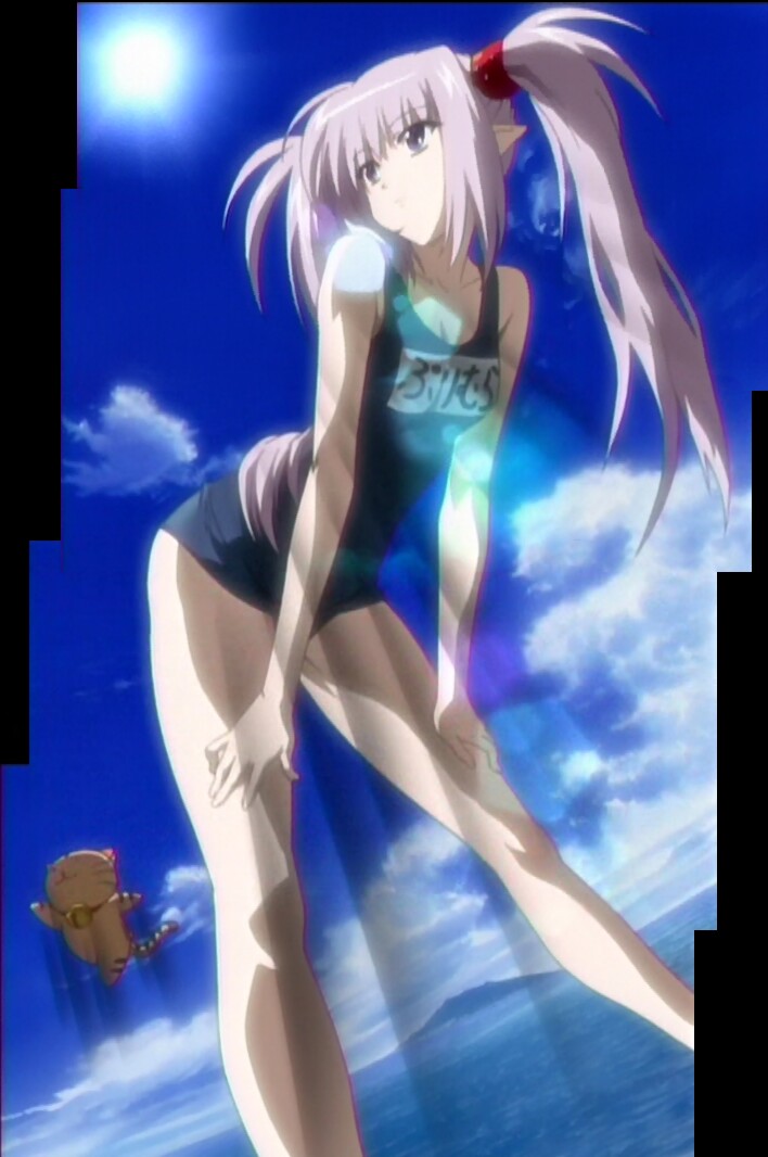 bent_over blue_eyes cat clouds elf episode6 long_hair official_art one-piece_swimsuit pointy_ears primula school_swimsuit screencap shuffle! silver_hair sky stitched sun swimsuit twintails water