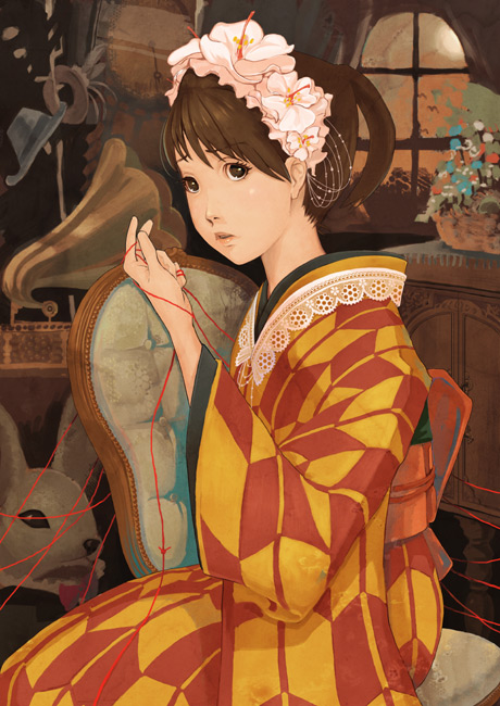 1girl bangs brown_eyes brown_hair flower from_side hair_flower hair_ornament hat indoors japanese_clothes kimono lace lips lipstick makeup obi original parted_lips phonograph rabbit red_string sash sitting solo string tanatelier window yagasuri