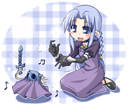 1girl blue_eyes blue_hair blush_stickers braid caster dagger dress fate/stay_night fate_(series) long_dress long_hair lowres musical_note pointy_ears quaver skull solo weapon