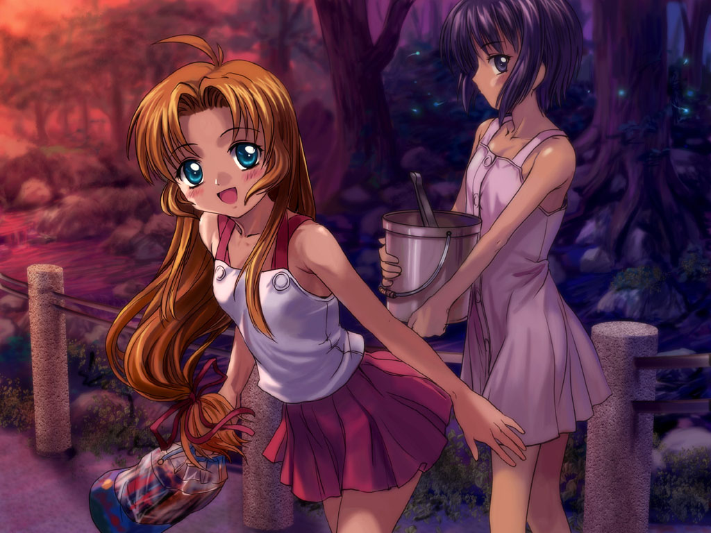 2girls ahoge bare_shoulders blue_eyes blush bucket carrying dark dress forest kashiwagi_hatsune kashiwagi_kaede kizuato leaf_(company) long_hair low-tied_long_hair multiple_girls mutsuki_(moonknives) nature ponytail railing red_sky rock skirt sky stream tied_hair very_long_hair violet_eyes white_dress white_skirt