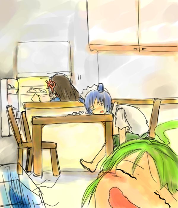 2k-tan 3girls @_@ ahoge barefoot blue_hair brown_hair chair fan glasses green_hair hair_ornament hairclip hot indoors long_hair maid_headdress me-tan multiple_girls os-tan refrigerator room short_hair short_sleeves sitting sketch table wavy_mouth xp-tan