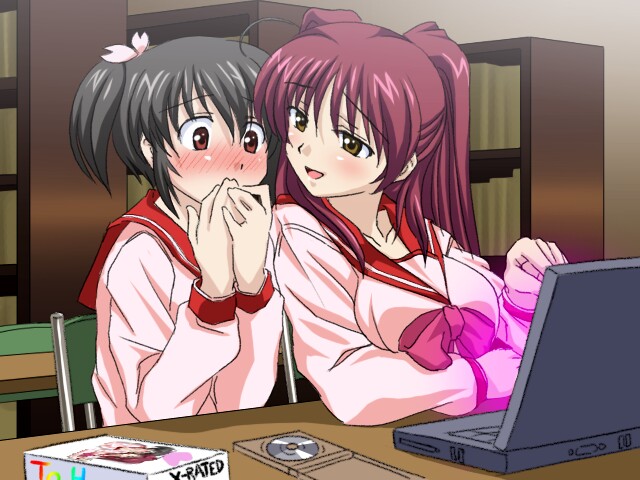 2girls blush comic computer embarrassed kousaka_tamaki laptop meta multiple_girls parody playing_games pornography sanshita school_uniform serafuku to_heart_2 to_heart_2_xrated video_game yuzuhara_konomi