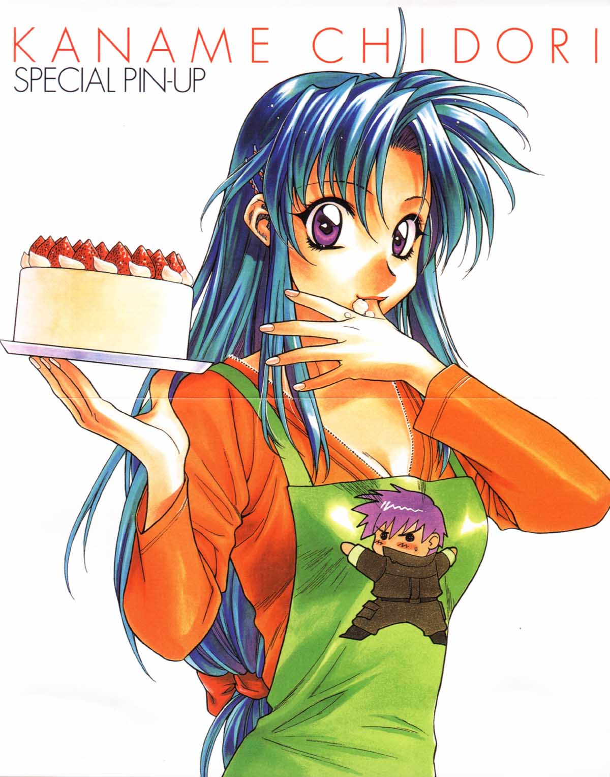 1girl apron blue_hair blush breasts cake character_name chibi chidori_kaname cleavage finger_in_mouth fingernails food full_metal_panic! highres long_hair looking_at_viewer low-tied_long_hair pastry purple_hair sagara_sousuke scan scan_artifacts simple_background solo sweatdrop tateo_retsu tied_hair violet_eyes white_background