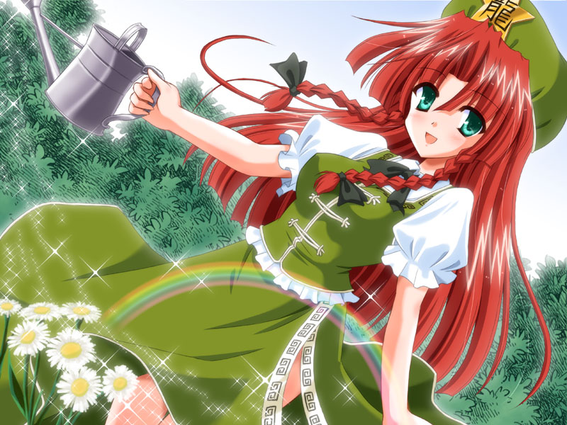 1girl aqua_eyes blush bow braid china_dress chinese_clothes daisy dress dutch_angle female flower green_eyes hair_bow hat hong_meiling long_hair open_mouth outdoors rainbow redhead smile solo star the_embodiment_of_scarlet_devil touhou twin_braids watering_can yamu_(reverse_noise)