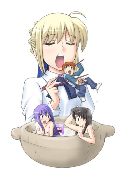 1boy 4girls artoria_pendragon_(all) bathing blonde_hair blouse cup eating emiya_shirou fate/stay_night fate_(series) giantess gts in_container in_cup long_hair matou_sakura medusa_(fate) medusa_(fate)_(all) miniboy minigirl multiple_girls nude open_mouth raglan_sleeves rider saber short_hair simple_background tohsaka_rin type-moon vore white_background you_gonna_get_eaten