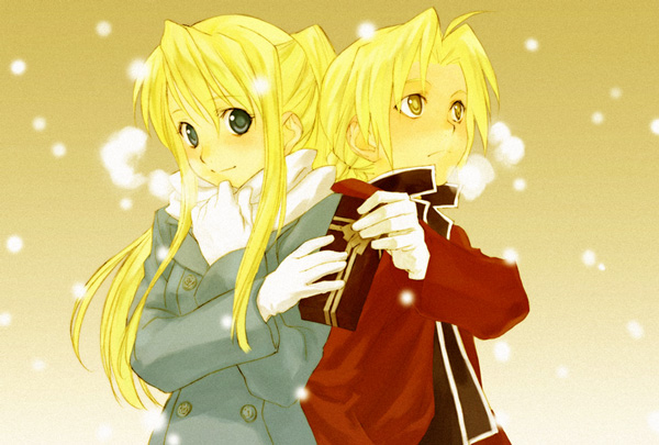 00s 1boy 1girl blonde_hair blush breath coat couple edward_elric fullmetal_alchemist gift gloves hetero holding holding_gift ponytail sakaki_kuuya scarf snow snowing winry_rockbell yellow_eyes