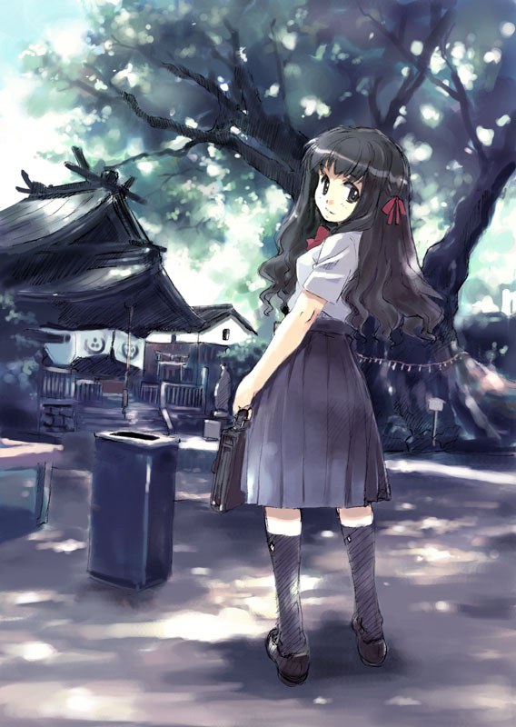 1girl bag black_eyes black_hair from_behind hair_ornament hair_ribbon kneehighs long_hair looking_back matsumoto_noriyuki original outdoors pleated_skirt real_world_location ribbon rope school_bag school_uniform serafuku shide shimenawa shoes shrine skirt smile socks solo