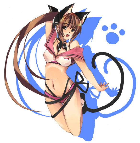 1girl animal_ears baek_changpo brown_eyes brown_hair cat_ears hamayumiba_sou kemonomimi_mode long_hair open_mouth paw_print senkou_no_ronde shadow simple_background solo sou white_background