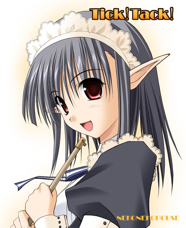 black_hair maid open_mouth pointy_ears red_eyes sage_(tick!_tack!) short_hair shuffle! takepon tick!_tack!