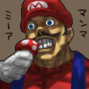 1boy creepy eating lowres male_focus mario super_mario_bros. mushroom nintendo plumber realistic solo super_mario_bros. super_mushroom teeth ugly what