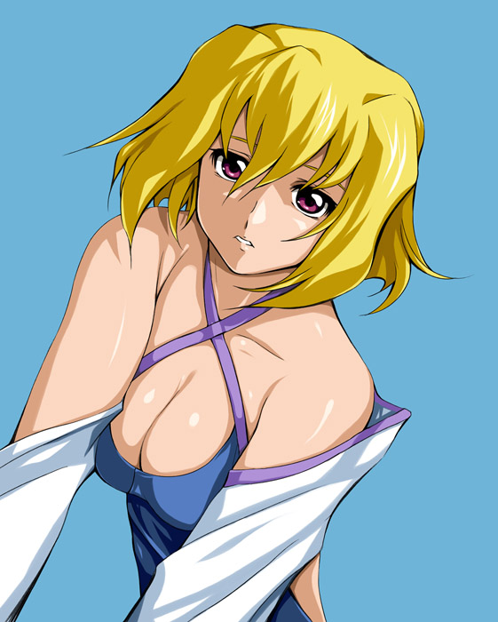 00s 1girl blonde_hair breasts cleavage detached_sleeves dress gundam gundam_seed gundam_seed_destiny pink_eyes short_hair simple_background solo stellar_loussier zundarepon