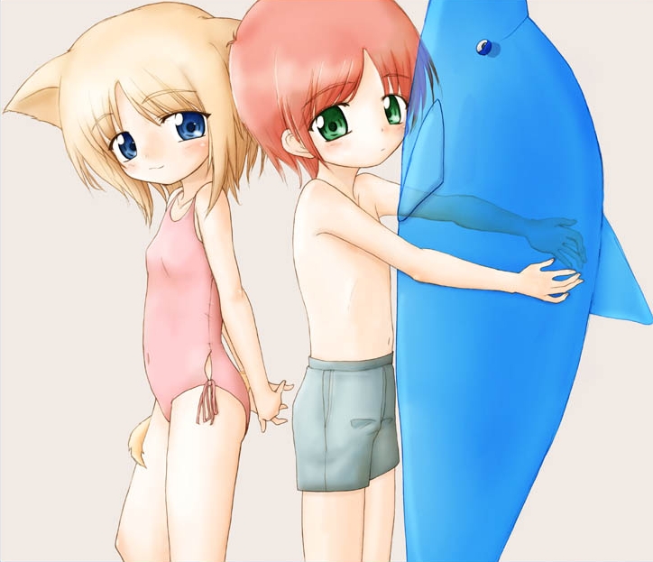 1boy 1girl alice_(ikuno_yui) animal_ears arms_behind_back blonde_hair blue_eyes casual_one-piece_swimsuit cat_ears cat_tail child cropped dog_ears dog_tail green_eyes hands_clasped ikuno_yui inflatable_dolphin inflatable_toy interlocked_fingers male_swimwear one-piece_swimsuit original redhead shorts simple_background swim_trunks swimsuit swimwear tail