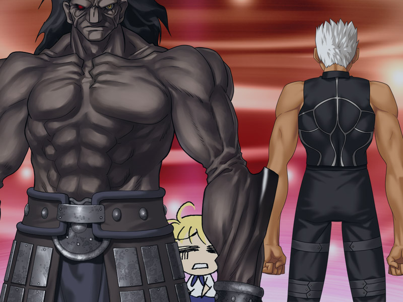 1girl 2boys ahoge archer bad_anatomy bad_proportions berserker blonde_hair chibi_inset clenched_hands dark_skin dark_skinned_male fate/hollow_ataraxia fate/stay_night fate_(series) game_cg giant heterochromia multiple_boys muscle poorly_drawn saber size_difference sleeveless standing takeuchi_takashi