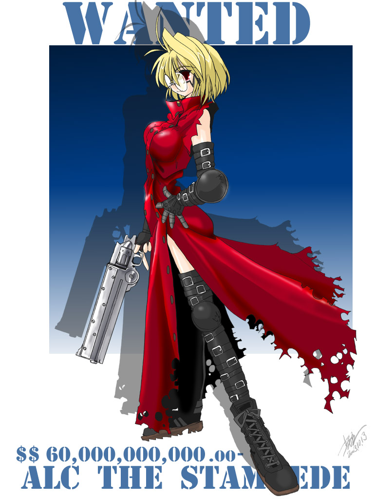 1girl arcueid_brunestud belt blonde_hair boots coat cosplay engrish fingerless_gloves glasses gloves gun hand_on_hip handgun high_collar kieyza long_coat parody ranguage red_coat red_eyes revolver short_hair sleeveless solo thigh-highs torn_clothes torn_sleeves trigun tsukihime vash_the_stampede vash_the_stampede_(cosplay) weapon