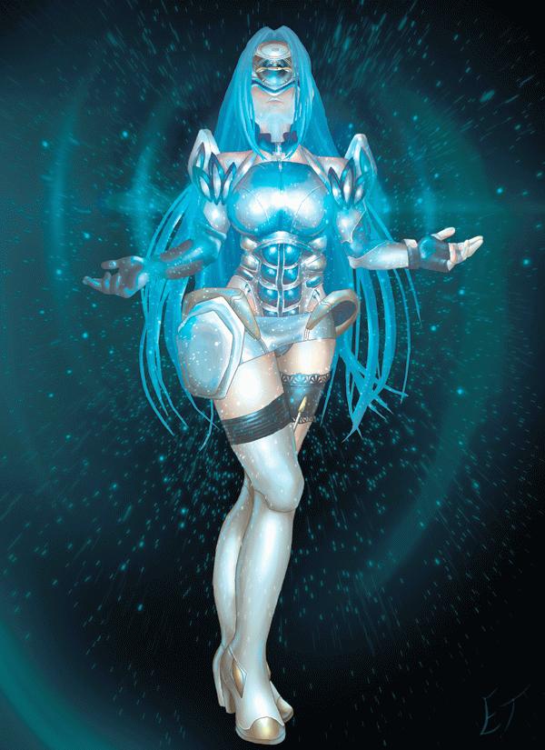 1girl aura blue_hair breasts elbow_gloves energy gloves kos-mos long_hair solo thigh-highs xenosaga xenosaga_episode_i