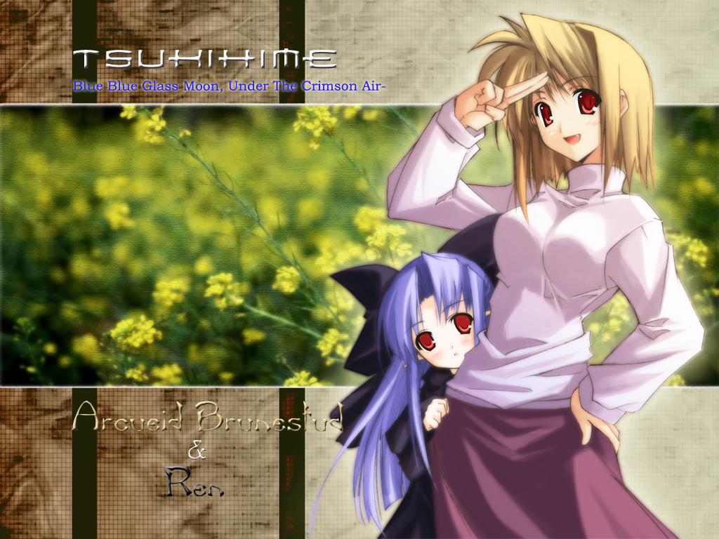 00s 2girls arcueid_brunestud blonde_hair blue_hair blush bow character_name clothes_grab fang field flower flower_field hair_bow hand_on_hip height_difference hiding len long_hair long_skirt looking_at_viewer multiple_girls peeking_out photo_background pointy_ears purple_skirt red_eyes salute shingo_(missing_link) short_hair skirt sweater tsukihime turtleneck v very_long_hair wallpaper