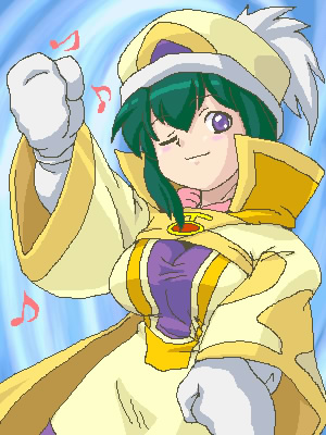 00s ana_medaiyu blush dancing gloves green_hair hat lowres oekaki overman_king_gainer smile the_monkey violet_eyes wink