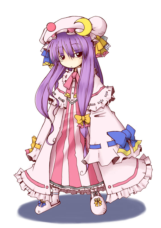 1girl bell bow cappccino crescent female hair_bow hat jingle_bell long_hair patchouli_knowledge purple_hair red_eyes redhead sleeves_past_wrists slippers solo touhou white_background wide_sleeves