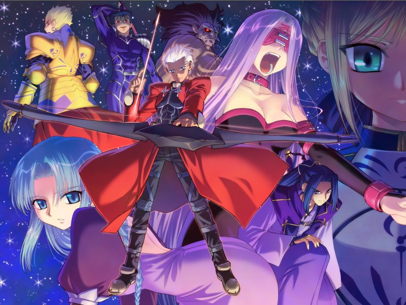 3girls 5boys archer armor arrow assassin assassin_(fate/stay_night) belt berserker blindfold blonde_hair blue_eyes blue_hair boots bow bow_(weapon) breasts caster coat collar dark_skin dark_skinned_male dress everyone facial_mark fate/hollow_ataraxia fate/stay_night fate_(series) forehead_mark gilgamesh green_eyes hair_bow kneeling lancer large_breasts looking_at_viewer looking_back multiple_boys multiple_girls one_knee overcoat ponytail purple_hair rider saber serious shouting space strapless strapless_dress wallpaper weapon white_hair