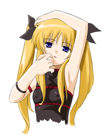 00s 1girl armlet belt black_bow black_clothes blonde_hair blue_eyes bow breasts eyebrows eyebrows_visible_through_hair fate_testarossa hand_on_head hand_to_own_mouth long_hair lowres lyrical_nanoha magical_girl mahou_shoujo_lyrical_nanoha nipples open_mouth small_breasts solo thick_eyebrows twintails