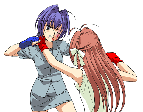 00s 2girls a1 animated animated_gif battle blood blue_gloves face_punch fighting fingerless_gloves formal gloves hayase_mitsuki in_the_face kimi_ga_nozomu_eien lowres multiple_girls pencil_skirt punching red_gloves skirt skirt_suit suit suzumiya_haruka