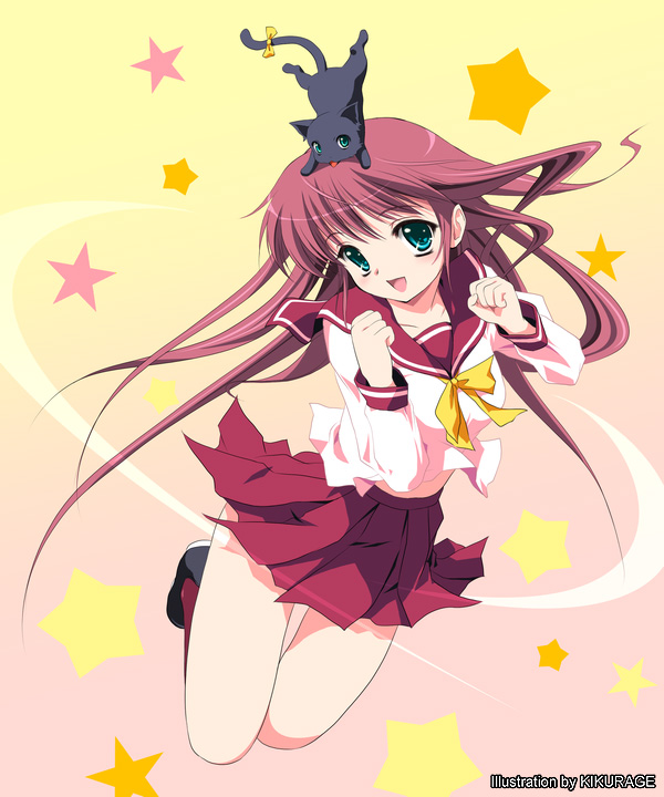 1girl :d animal animal_on_head artist_name black_shoes blue_eyes blush cat cat_on_head clenched_hands floating_hair gradient gradient_background green_eyes jumping kikurage_(plastic_people) kneehighs long_hair long_sleeves looking_at_viewer open_mouth pink_background pleated_skirt red_legwear red_skirt redhead ribbon sailor_collar school_uniform serafuku shoes simple_background skirt smile solo star starry_background thigh_gap to_heart_2 very_long_hair yellow_background yellow_ribbon