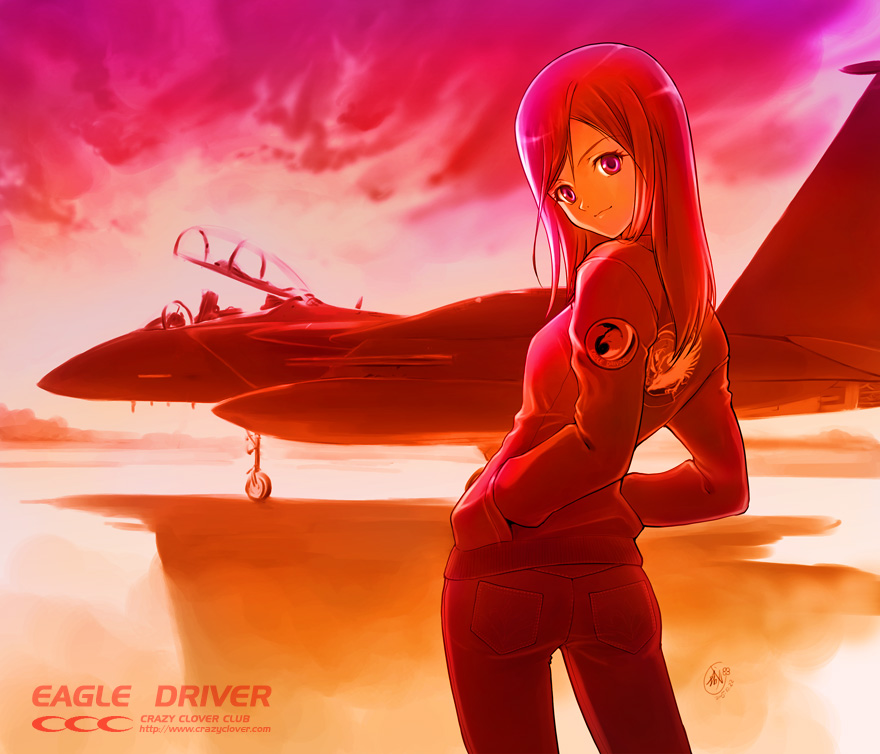 1girl aircraft airplane denim drop_tank f-15 fighter_jet hands_in_pockets jeans jet long_hair looking_back military military_vehicle original pants shirotsumekusa smile solo sunset violet_eyes