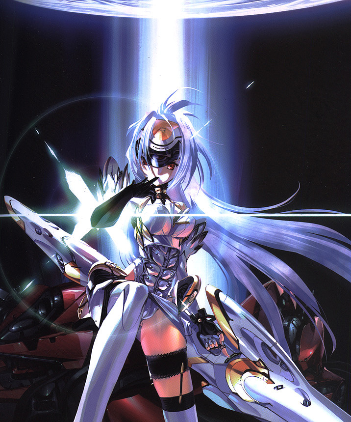 1girl ahoge android blue_hair breastplate choco elbow_gloves expressionless finger_in_mouth fingerless_gloves floating_hair forehead_protector gloves hair_intakes headgear kos-mos leg_garter light long_hair looking_at_viewer mecha_musume nail_polish purple_nails red_eyes silver_hair solo standing standing_on_one_leg thigh-highs very_long_hair weapon xenosaga xenosaga_episode_i