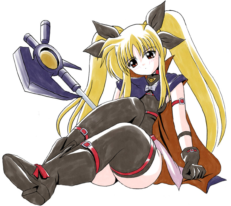 00s 1girl ass bardiche belt black_legwear blonde_hair blush boots bow cape fate_testarossa gloves hair_ribbon head_tilt imai_kazunari legs leotard long_hair lyrical_nanoha magical_girl mahou_shoujo_lyrical_nanoha mahoushoujo red_eyes ribbon simple_background sitting skirt solo staff strap thigh-highs turtleneck twintails very_long_hair weapon